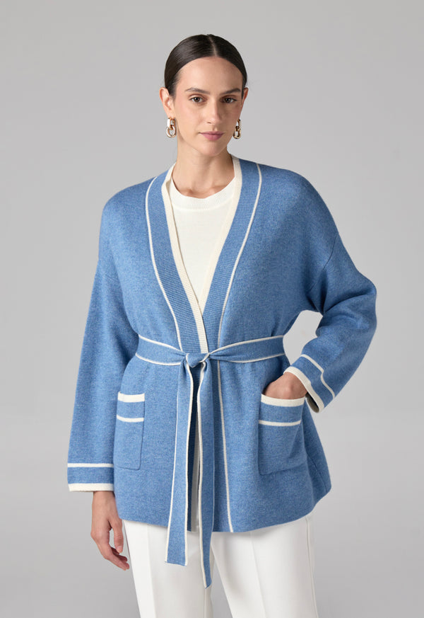 Choice Front Pockets Knitted Belted Cardigan Blue