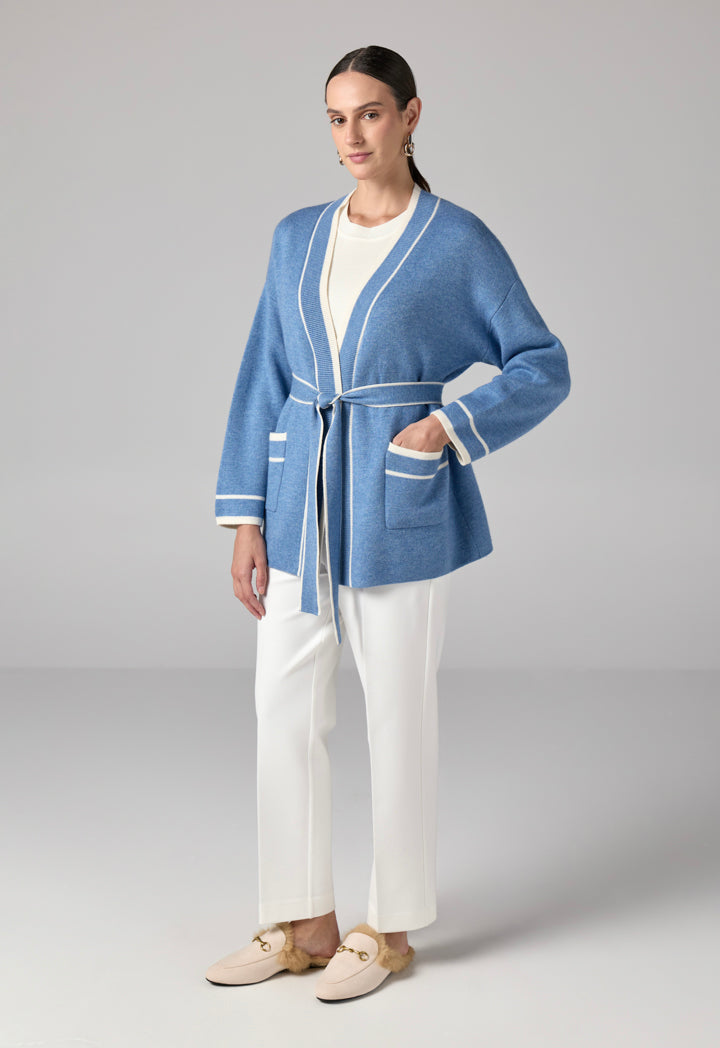 Choice Front Pockets Knitted Belted Cardigan Blue