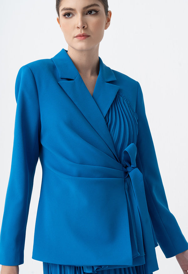 Choice Solid Pleated Long Sleeves Blazer Blue