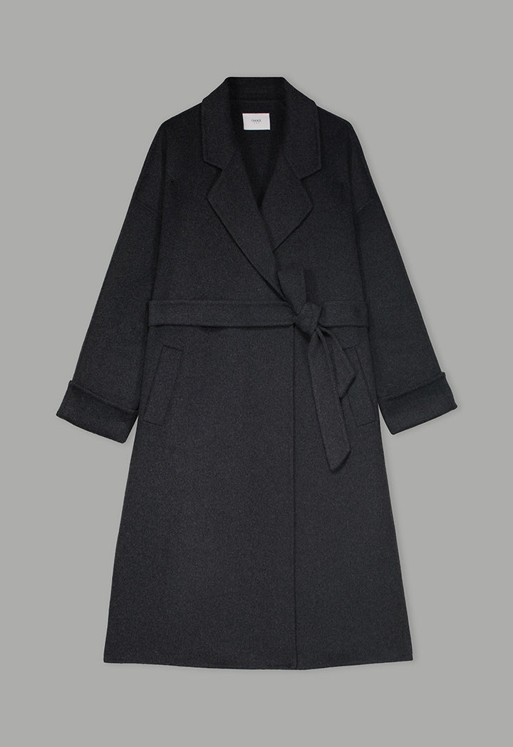 Choice Solid Handmade Midi Belted Coat  Grey