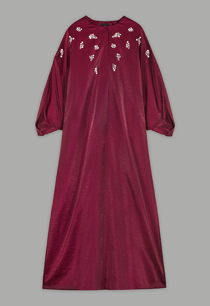 Choice Solid Crystal Pearl Embellished Maxi Coat Cherry