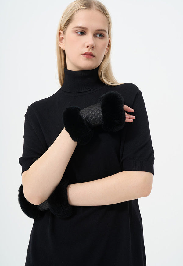 Choice Faux Fur Embellished Fingerless Gloves Black
