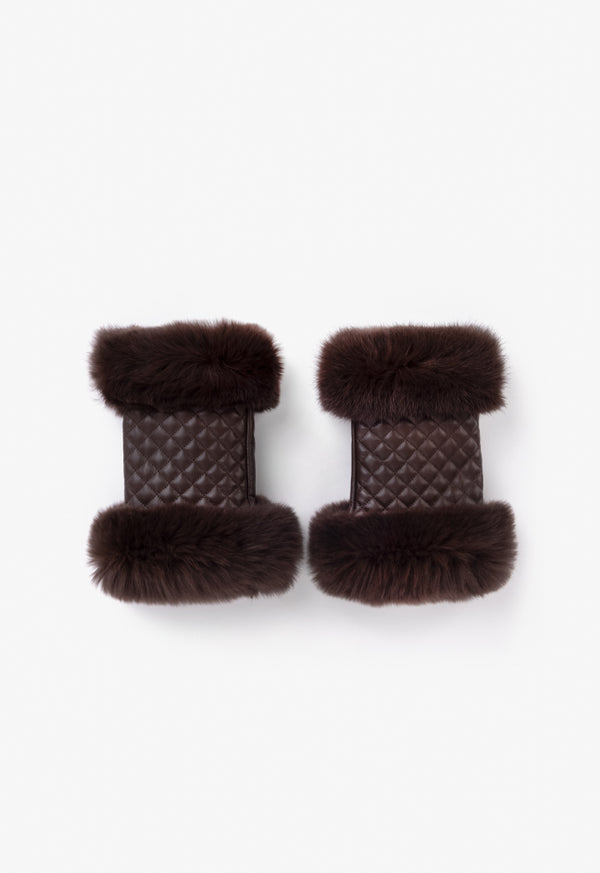 Choice Faux Fur Embellished Fingerless Gloves Brown