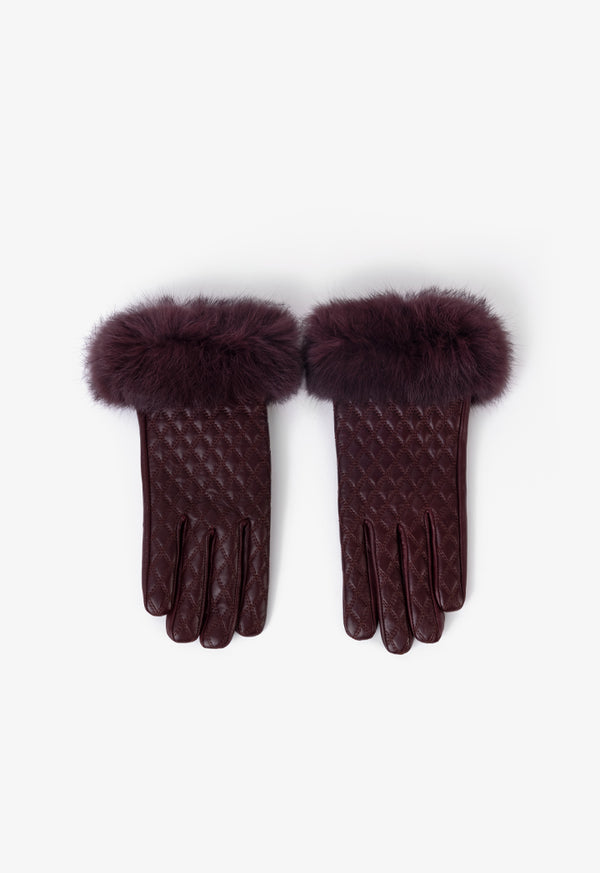 Choice Quilted Faux Fur Embellished Gloves Burgundy