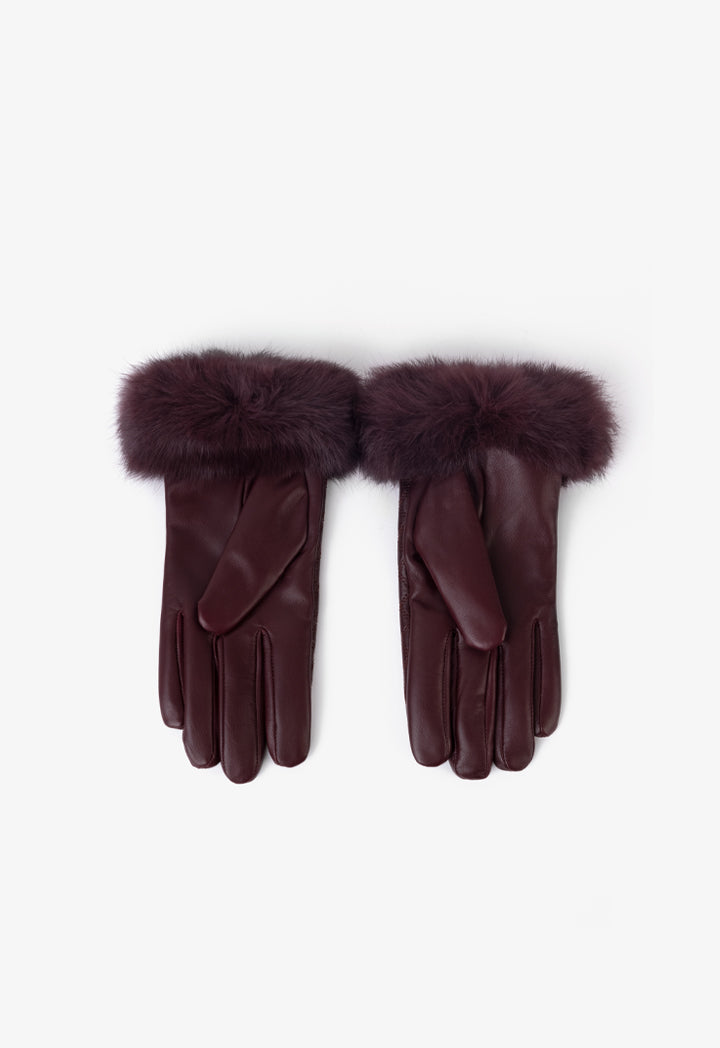 Choice Quilted Faux Fur Embellished Gloves Burgundy