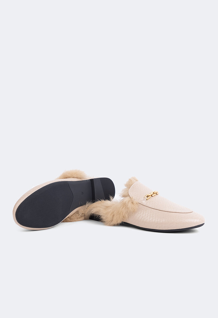 Choice Faux Fur Embellished Sole Mules Beige