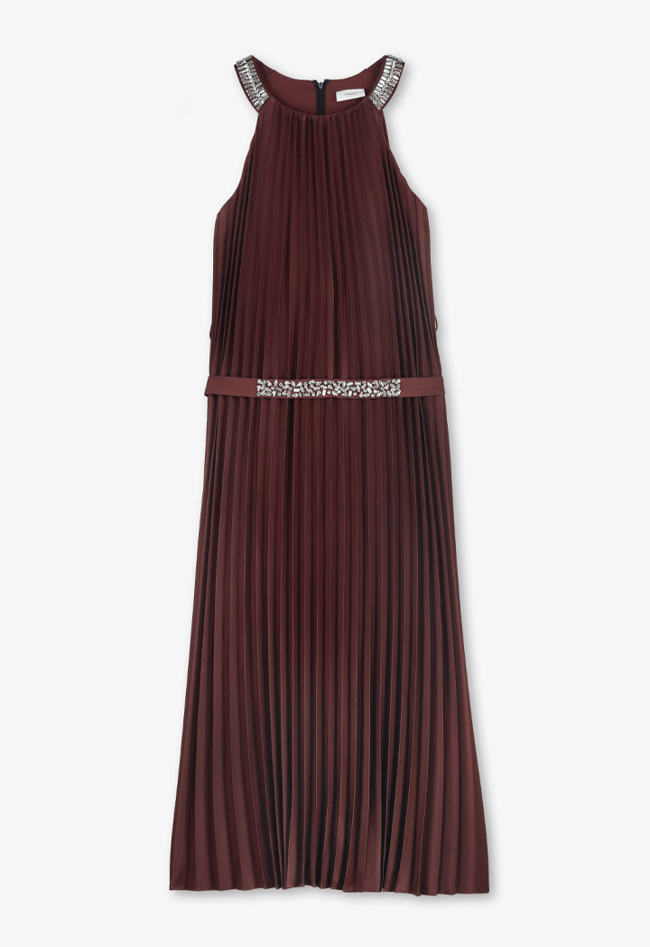 Choice Solid Pleated Sleeveless Dress Brown