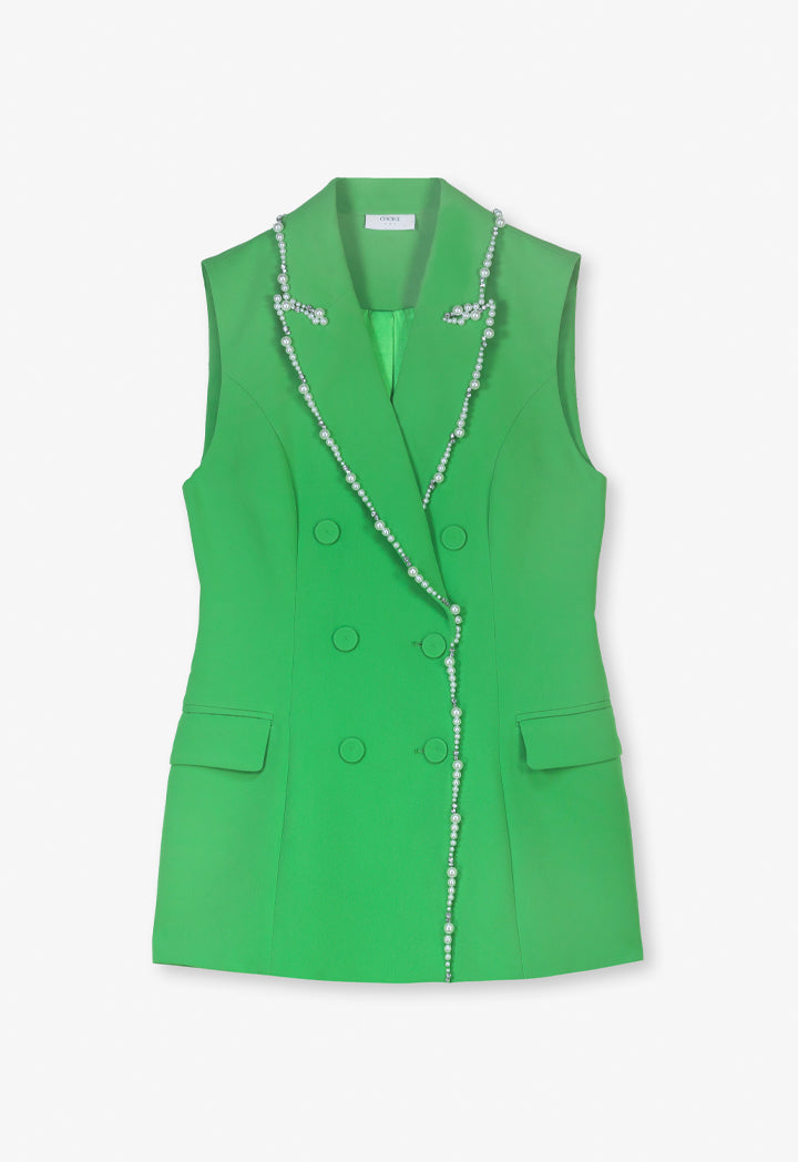 Choice Faux Pearl Crystal Embellished Sleeveless Gilet Green