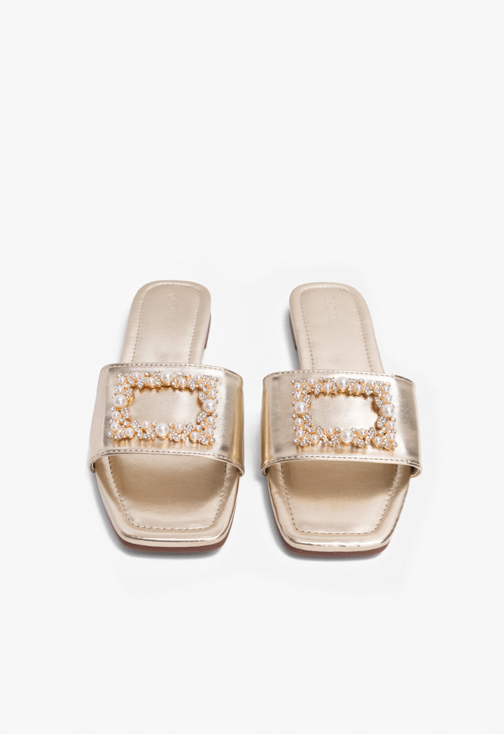 Choice Faux Pearls Embellished Shimmery Slides Gold