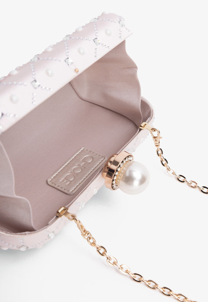 Choice Crystal And Faux Pearls Embellished Clutch Light Pink