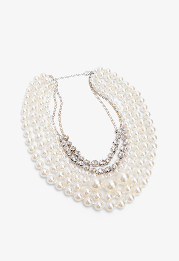 Choice Chunky Crystal Embellished Faux Pearls Necklace Off White