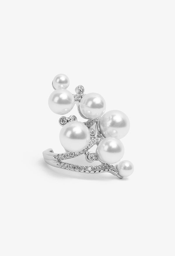 Choice Rhinestones & Faux Pearls Embellished Ring Off White