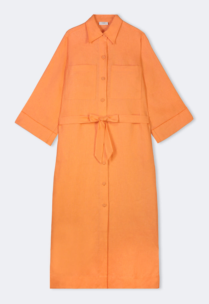 Choice Solid Front Pockets Belted Shirt Dress Orange