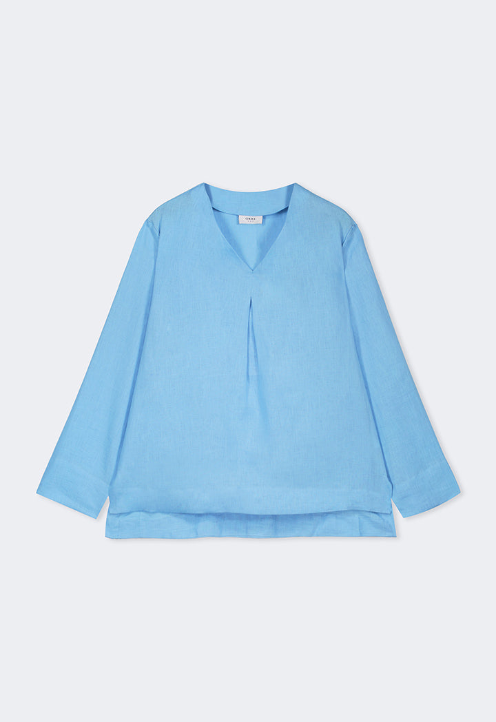 Choice V- Neck Linen Basic Blouse Light Blue