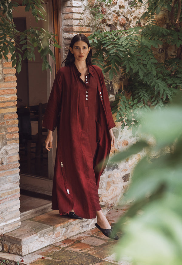 Choice Solid Oversized Maxi Belted Abaya With Hijab Burgundy