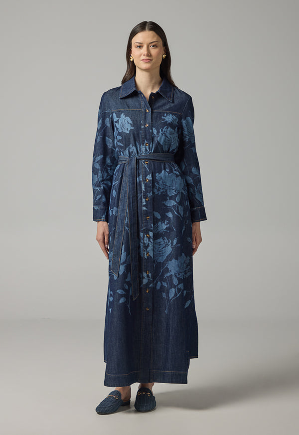 Choice Floral Print Denim Shirt Dress Indigo