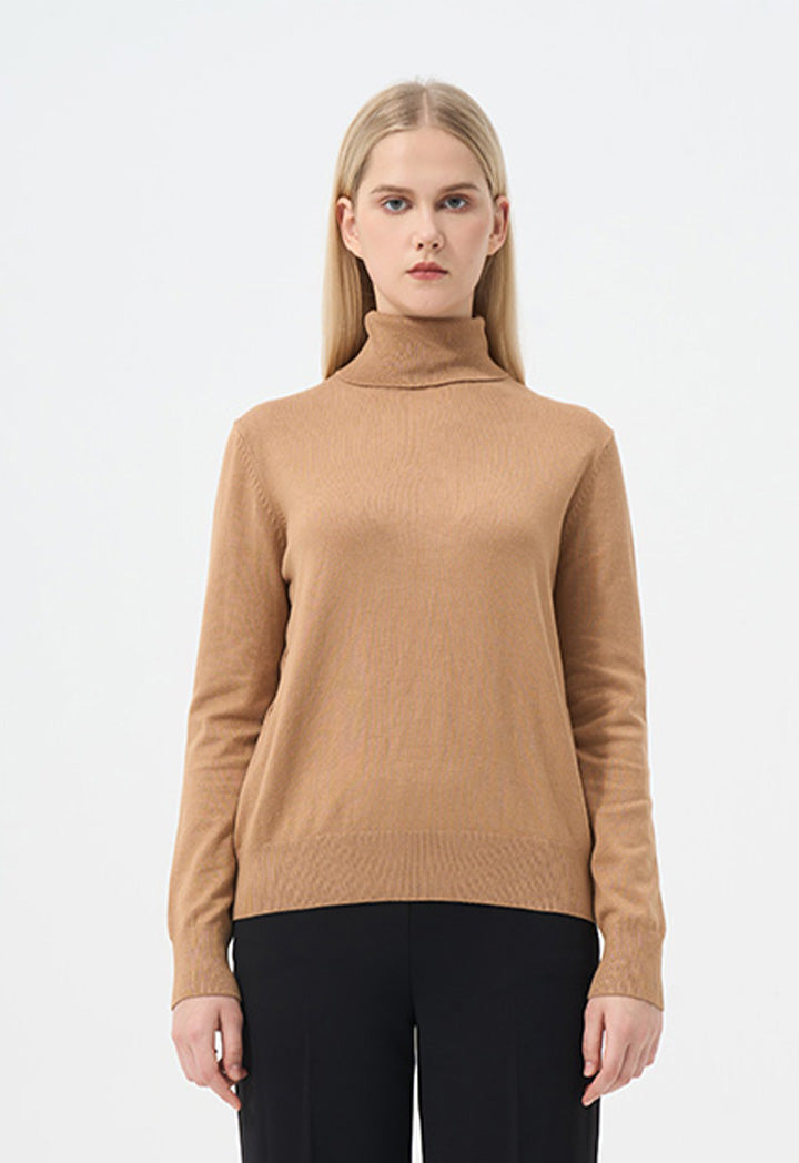 Choice Single Tone High Neck Knitted Top Camel