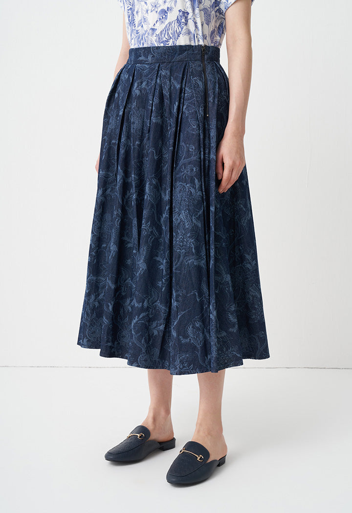 Choice Printed Pleated Midi Skirt Dark Blue