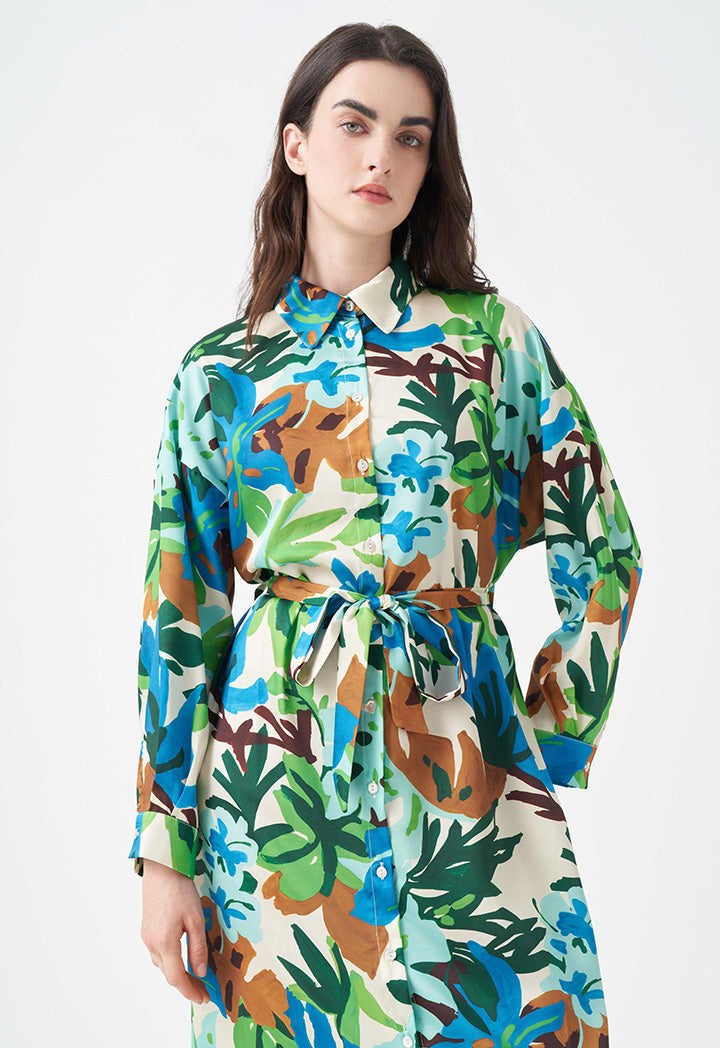 Choice Floral Belted Shirt Dress Printed Multi
