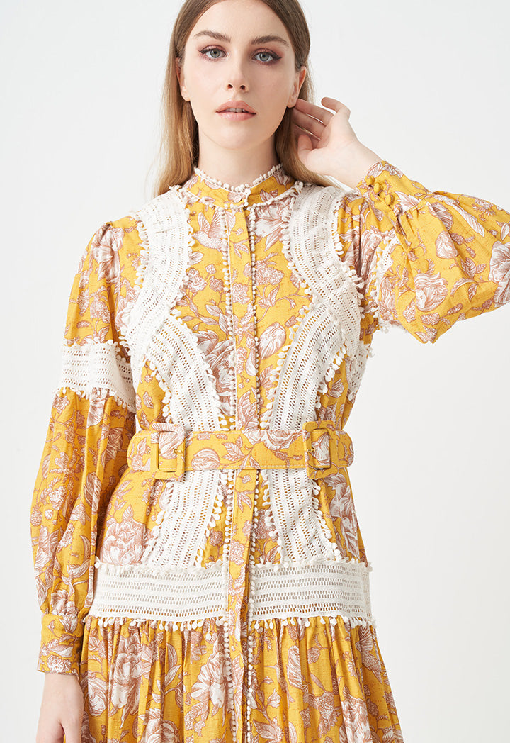 Choice Printed With Embroidered Detail Dress Yellow Print