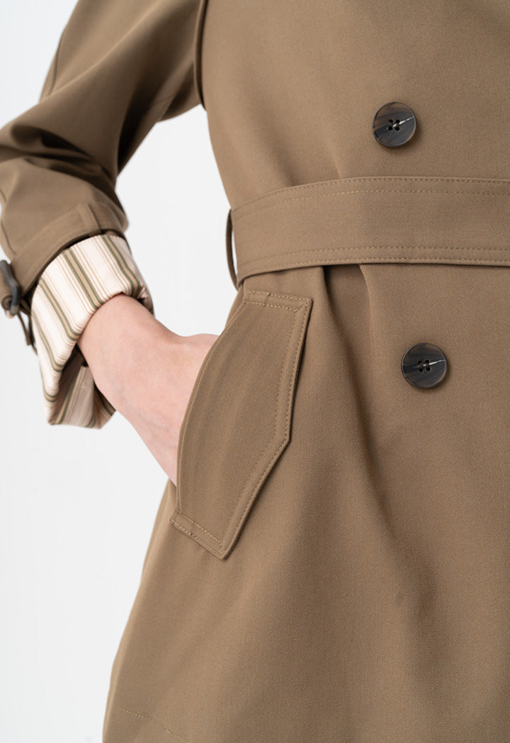 Choice Double Breasted Belted Trench Coat Khaki