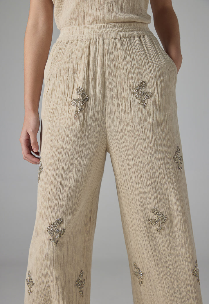 Choice Elastic Waistband Crinkled Solid Trousers Beige