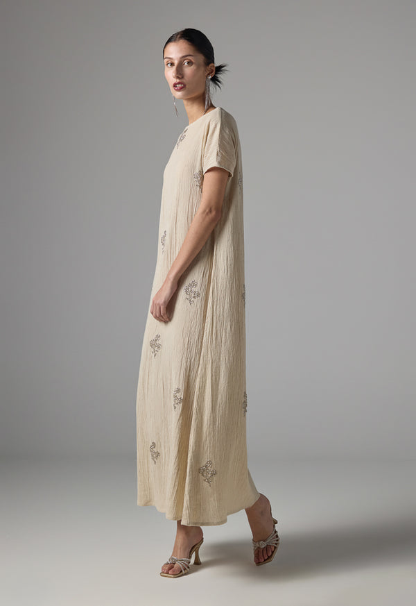 Choice Single Tone Crystal Embellished Maxi Dress - Ramadan Style Beige