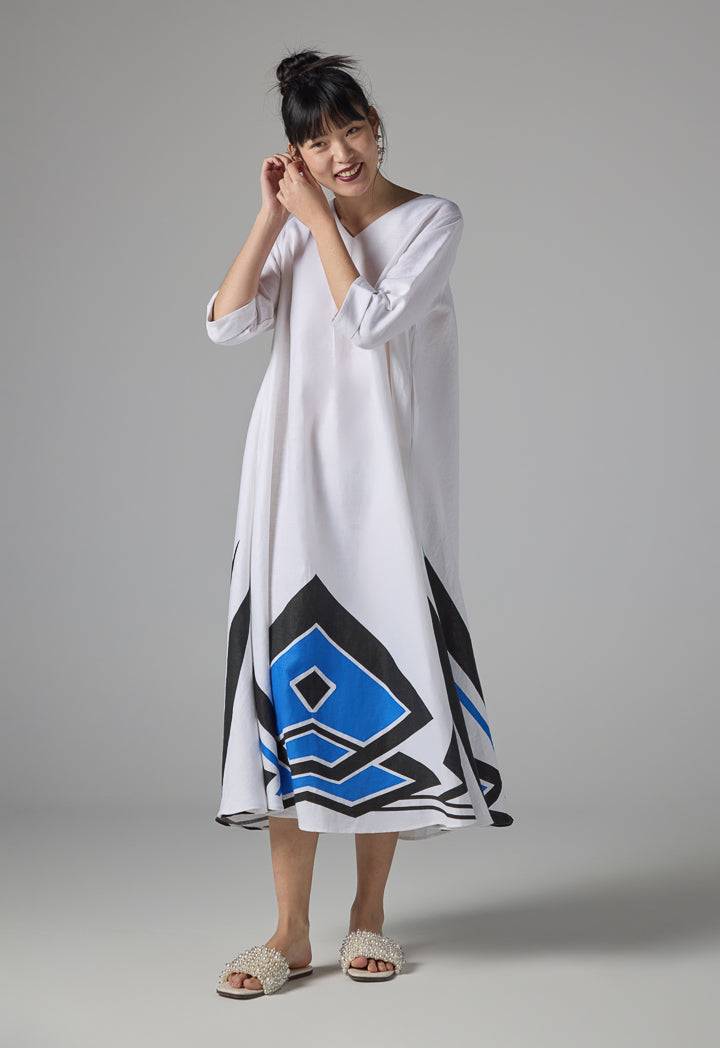 Choice Printed Hem Flared Maxi Belted Dress - Ramadan Style Off White