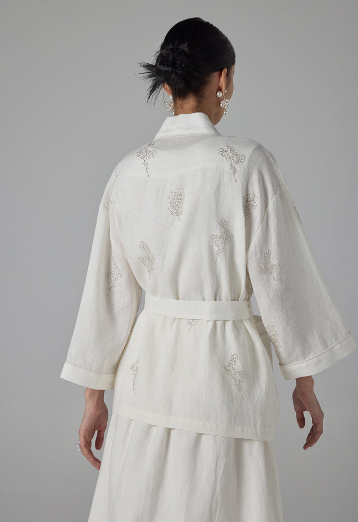 Choice Single Tone Crystal Embellished Belted Jacket - Ramadan Style Off White