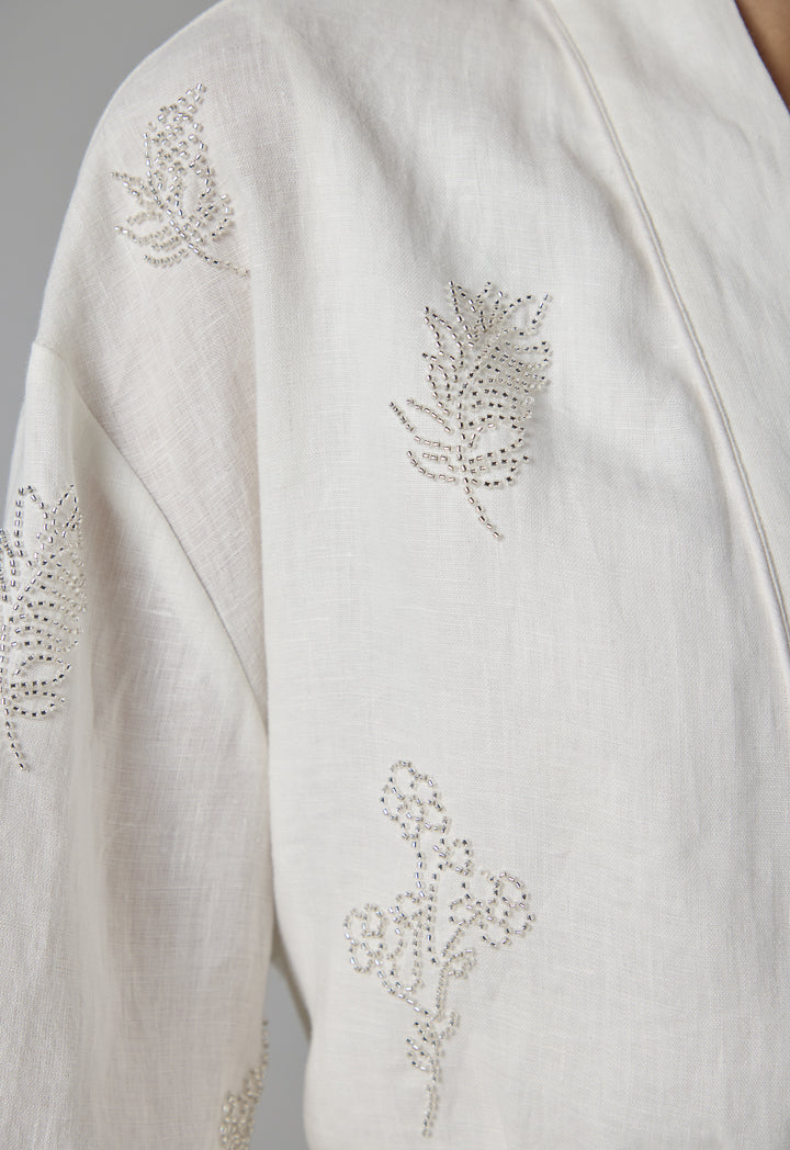 Choice Single Tone Crystal Embellished Belted Jacket - Ramadan Style Off White