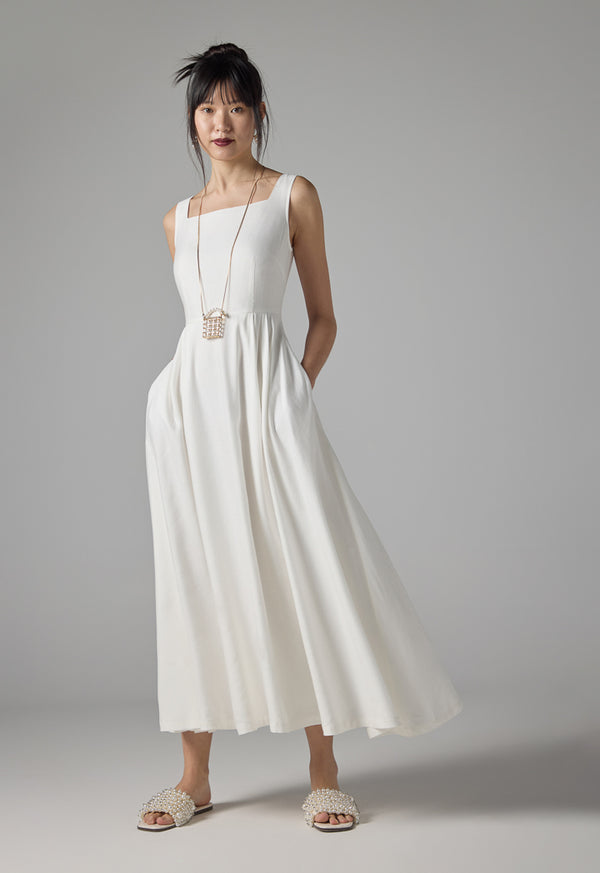 Choice Solid Sleeveless Flared Maxi Dress - Ramadan Style Off White