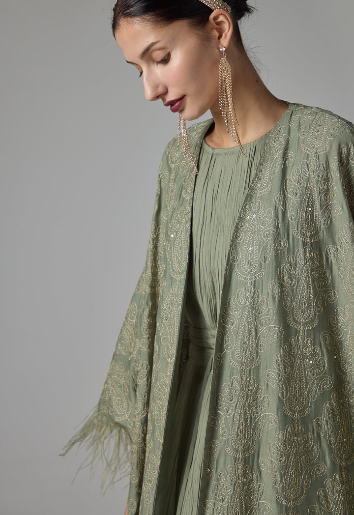 Choice Embroidered Sequins Fringe Maxi Abaya - Ramadan Style Light Khaki