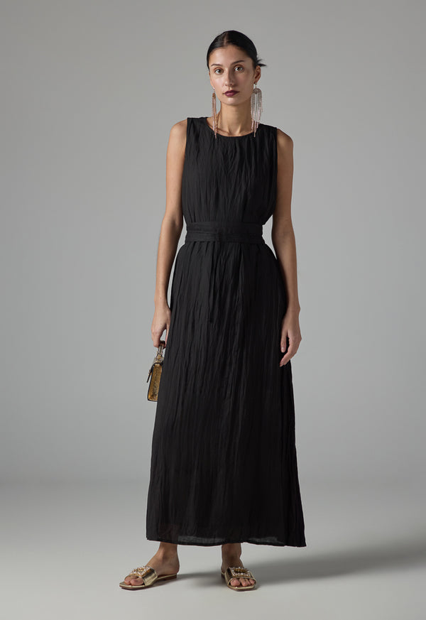 Choice Sleeveless Pleated Basic Belted Dress - Ramadan Style Black