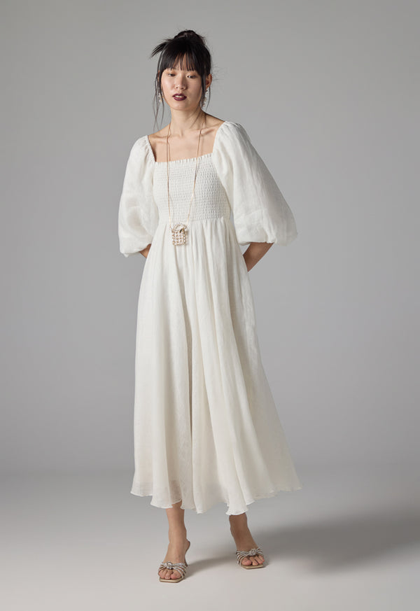 Choice Puff Sleeves Pleated Dress - Ramadan Style Off White
