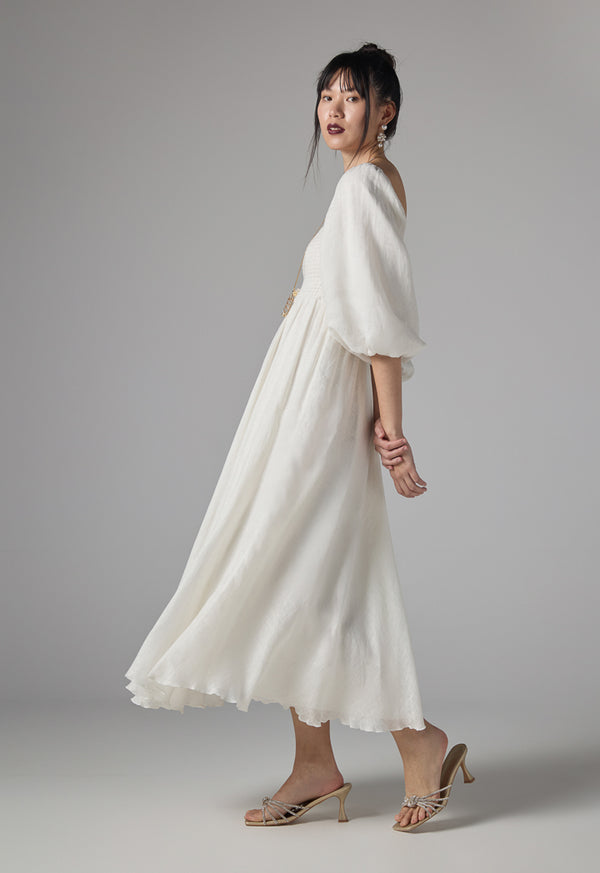 Choice Puff Sleeves Pleated Dress - Ramadan Style Off White
