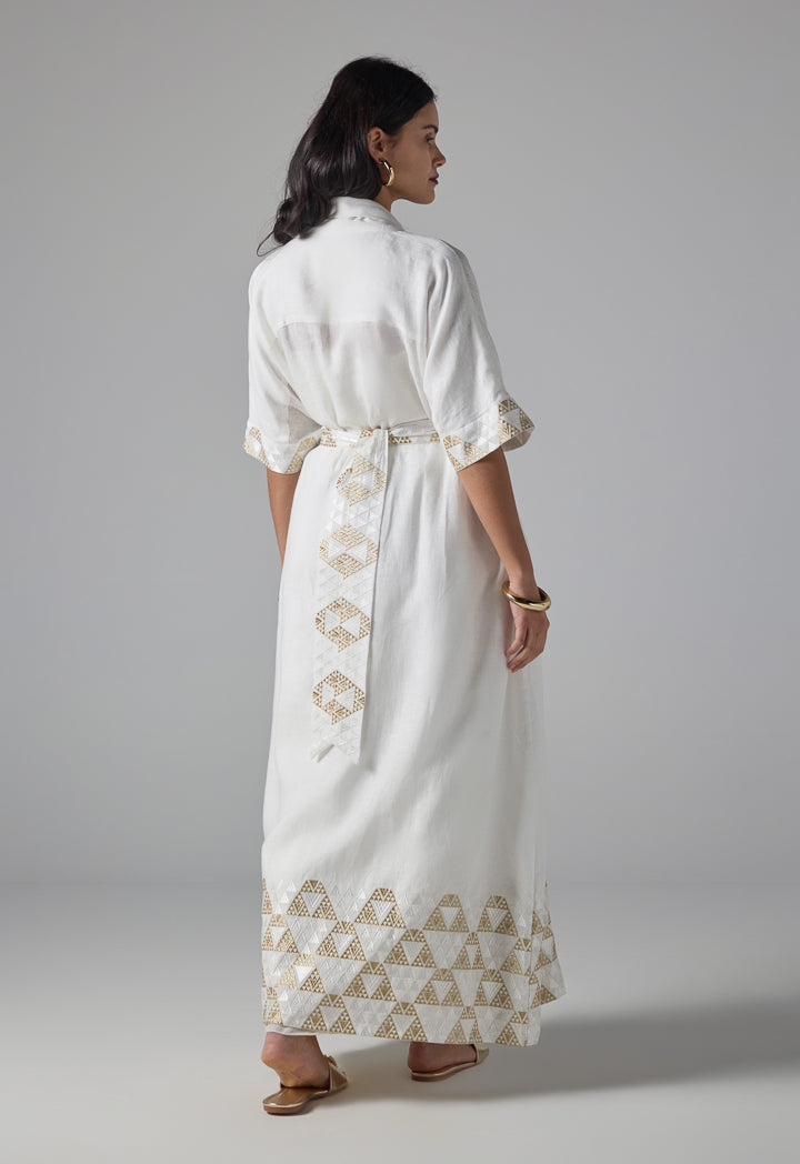 Choice Solid Embroidered Geometric Maxi Abaya - Ramadan Style Off White