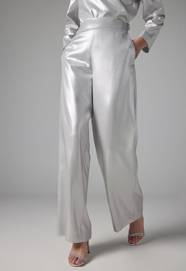 Choice Wide Leg Metallic Foil Trousers Grey