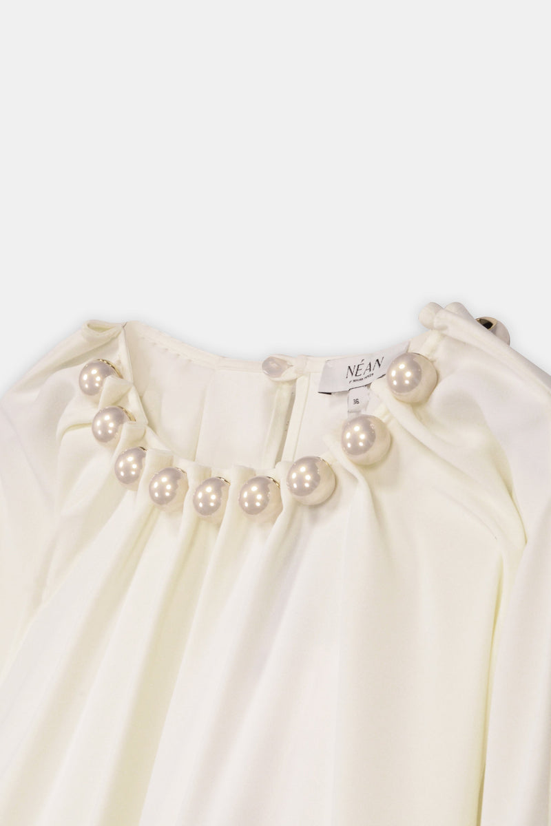 Nean Pearl-Embellished Drawstring Blouse Ecru