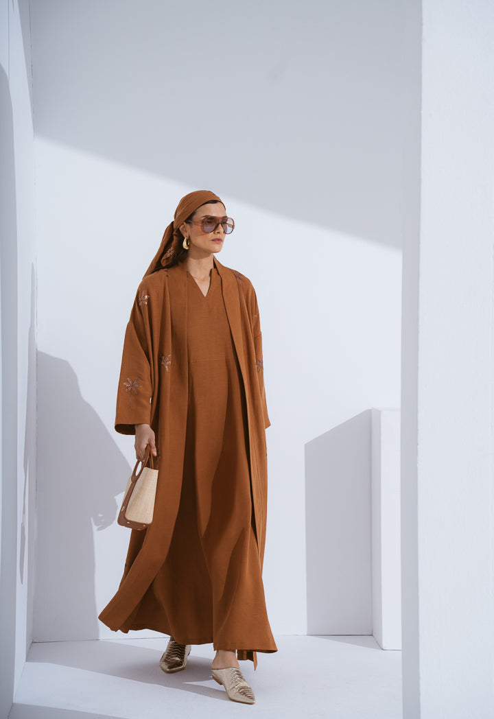 Choice Embroidered Sequin Maxi Abaya   Caramel
