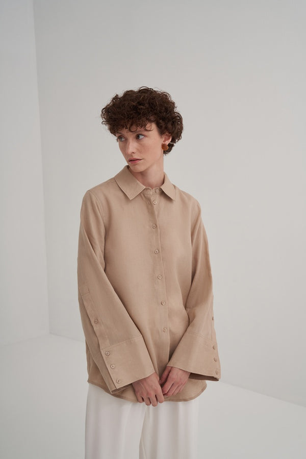Kk Design 100% Linen Wide Cuffed Shirt Beige