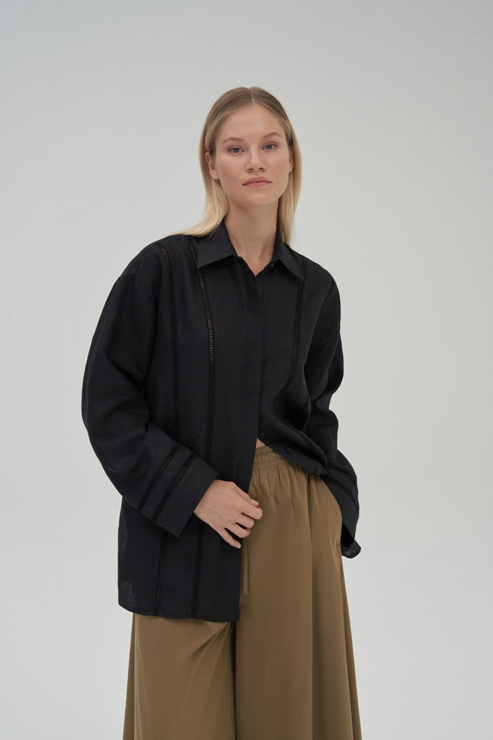 Kk Design 100% Linen Shirt With Scalloped Detail Black