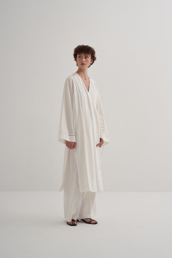 Kk Design Linen Scallop Detailed Kimono Ecru