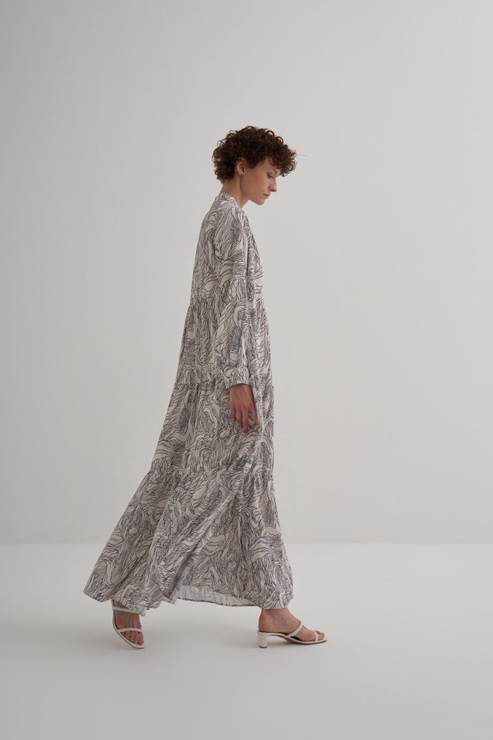 Kk Design Layered Shirred Patterned Dress Black/White