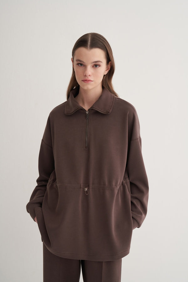 Kk Design Modal Half Zipper Sweatshirt Brown