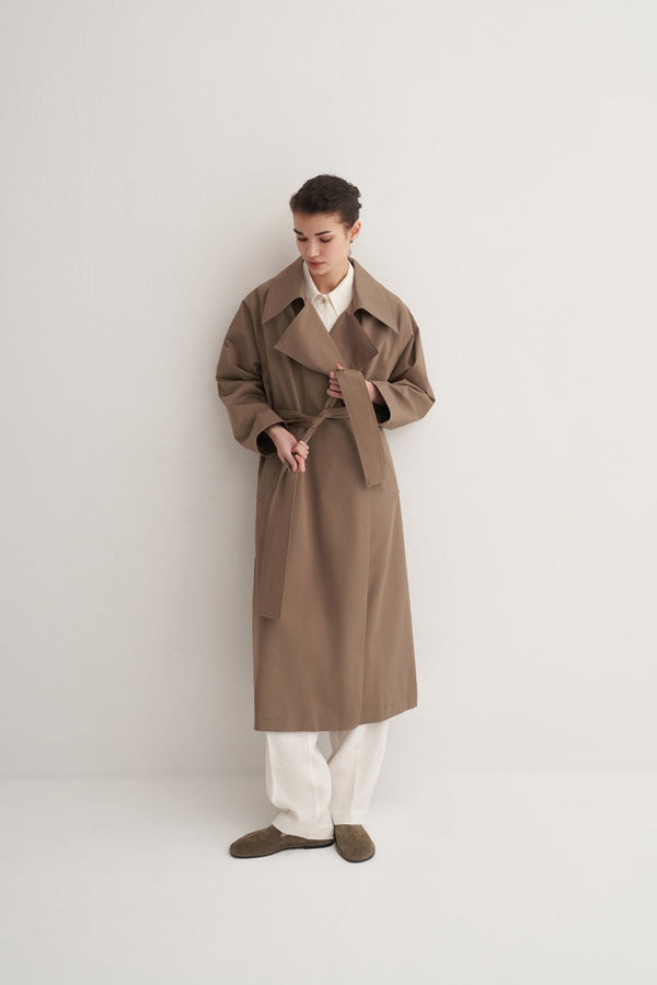 Kk Design Wide Collared Denim Trench Coat Light Khaki
