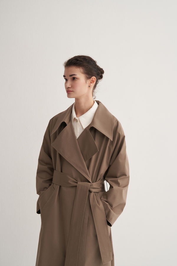 Kk Design Wide Collared Denim Trench Coat Light Khaki