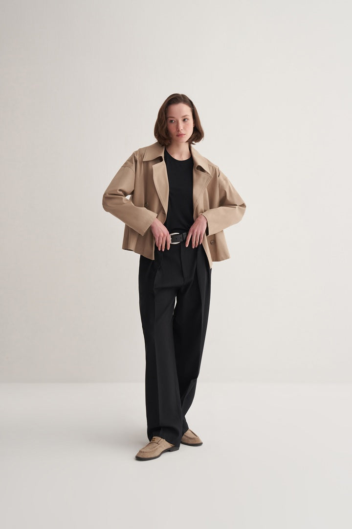 Kk Design Double-Breasted Short Trench Coat Camel