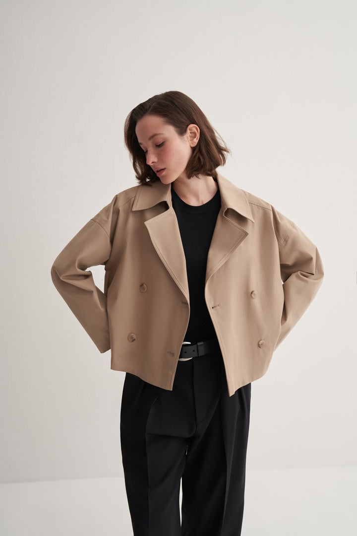 Kk Design Double-Breasted Short Trench Coat Camel