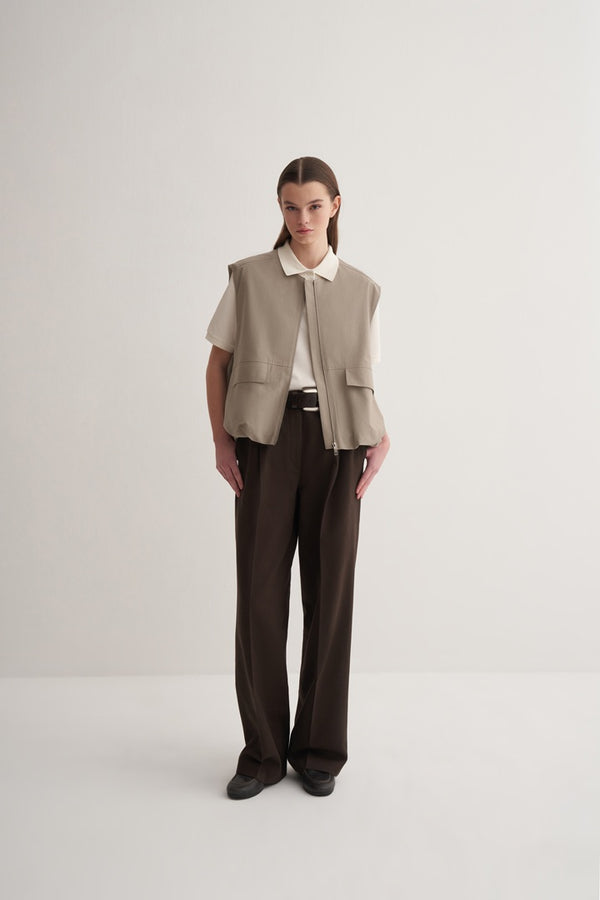 Kk Design Zipper Closure Flounce Vest Light Khaki