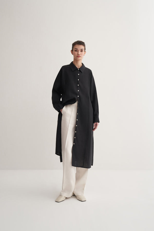 Kk Design 100% Linen Midi Shirt Dress Black